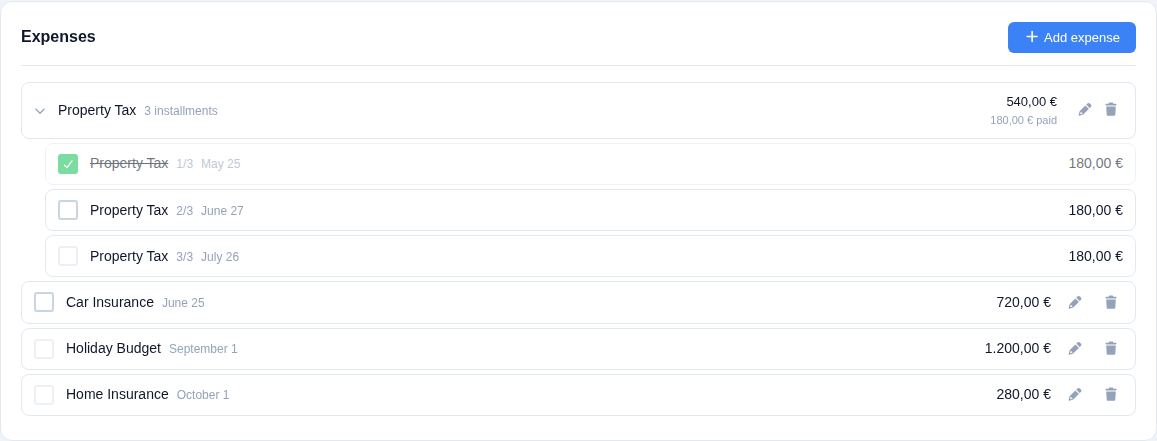 Expenses list for the year, with Property Tax expanded showing three installment rows with dates and paid checkboxes