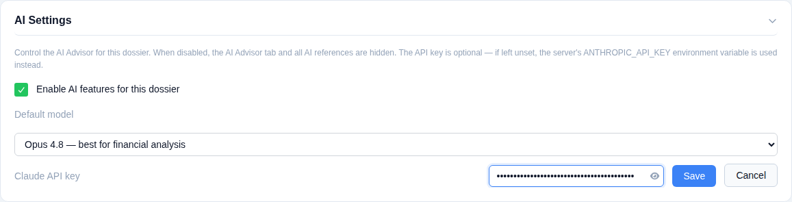 AI Settings card with an Enable AI features checkbox, a Default model dropdown, and a masked Claude API key field being edited