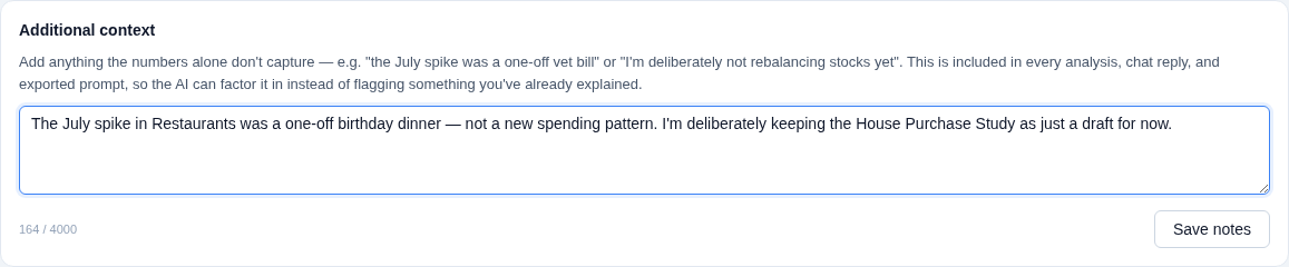 Additional context textarea with a short note explaining a one-off expense, a character counter, and a Save notes button