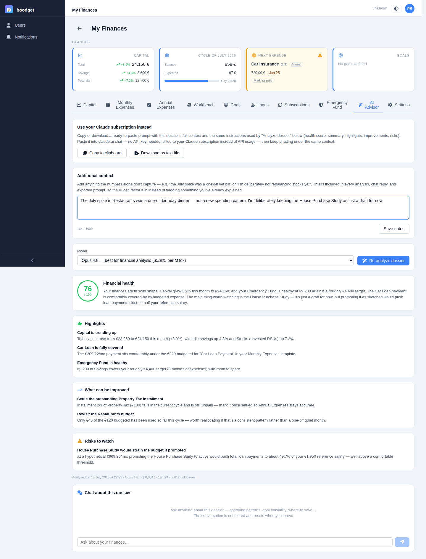 A financial health score badge, a written summary, and three sections — Highlights, What can be improved, and Risks to watch — each listing a few concrete items