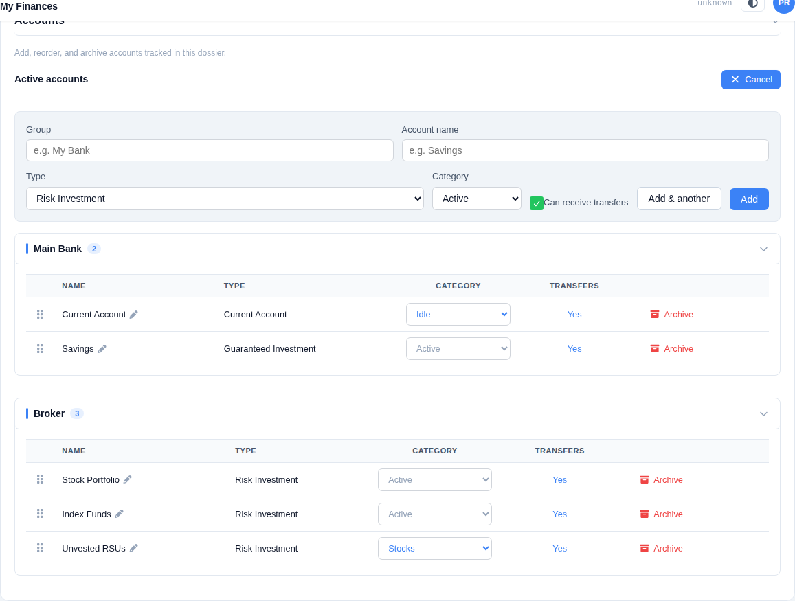 The Accounts section of Settings, showing the "Add account" form with Group, Account name, Type, Category, and Can receive transfers fields, above the existing grouped accounts table