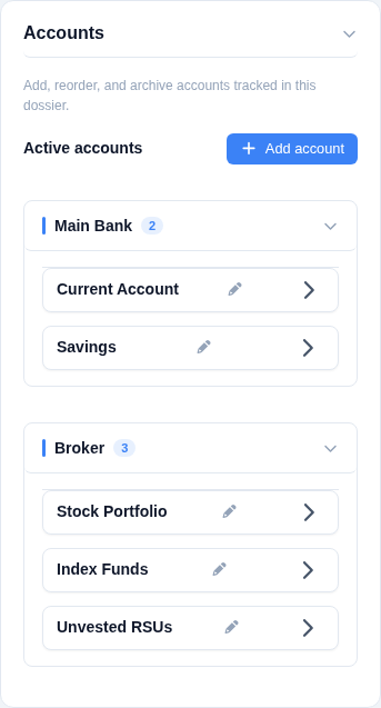 Accounts list on a mobile screen, grouped into "Main Bank" and "Broker" sections, each account row showing a pencil edit icon