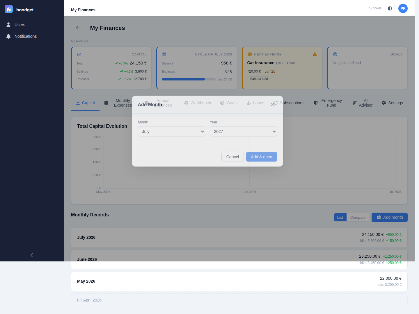 The "Add Month" dialog with Month and Year dropdowns set to July and 2027, over the Capital tab