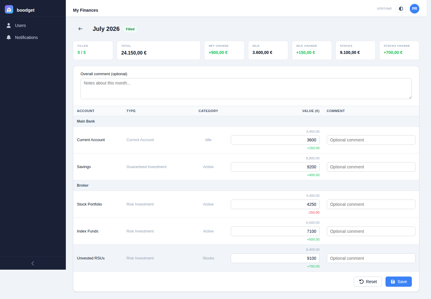 Month editor for July 2026, listing each account grouped by bank with an editable value field, its previous value, and a comment field, plus Total/Idle/Stocks summary tiles at the top
