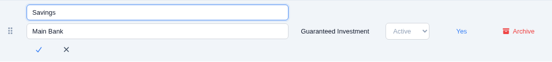 An account row in edit mode, with the Name and Group fields open for editing next to check and cancel buttons, and an Archive button visible further along the row
