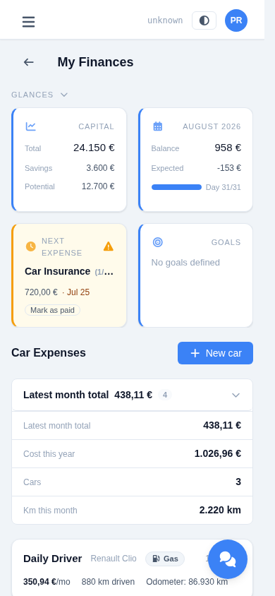 The Car Expenses list stacked on a phone screen, with the collapsible summary strip above the car rows