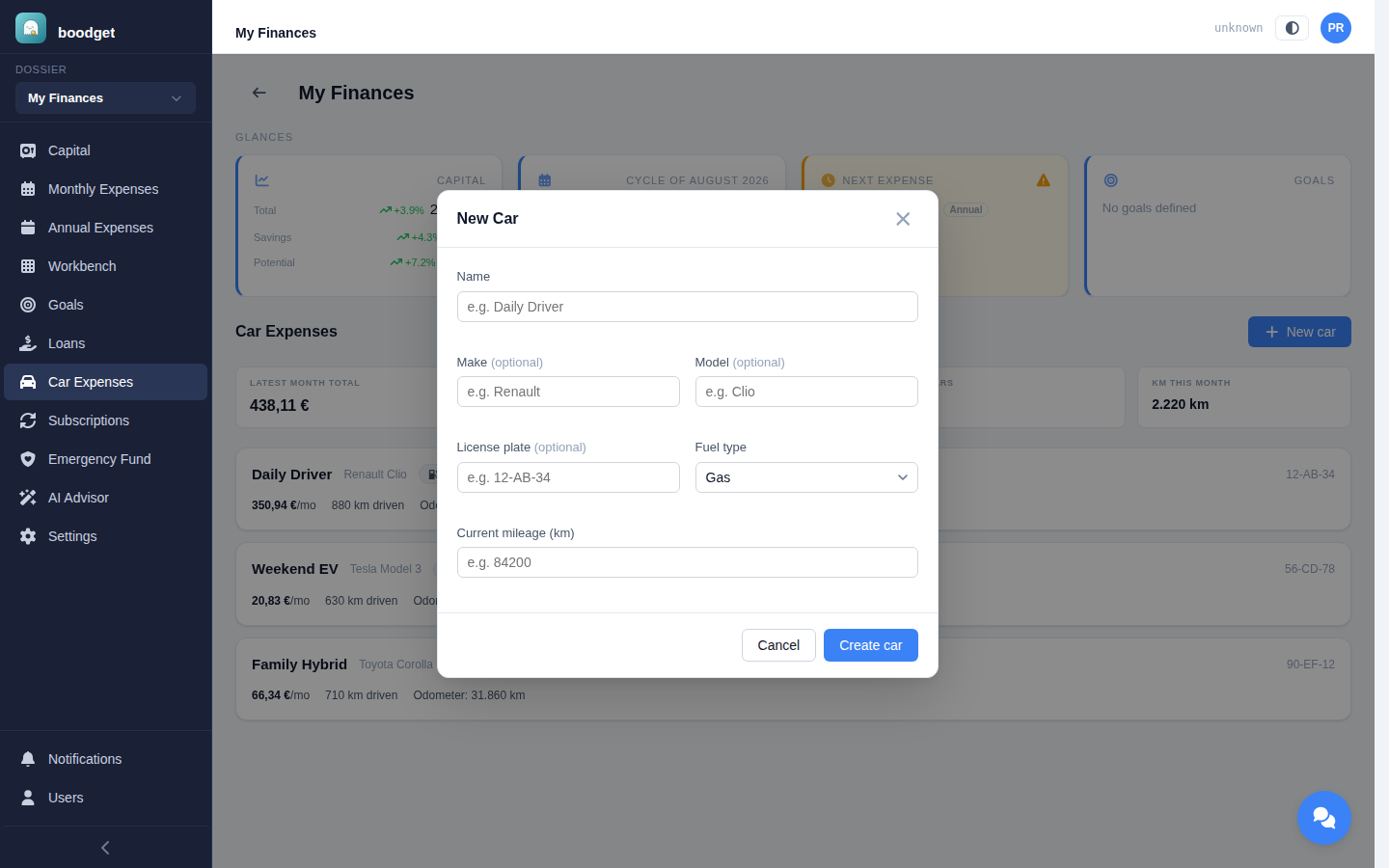 New Car dialog with Name, Make, Model, License plate, Fuel type dropdown set to Gas, and Current mileage fields