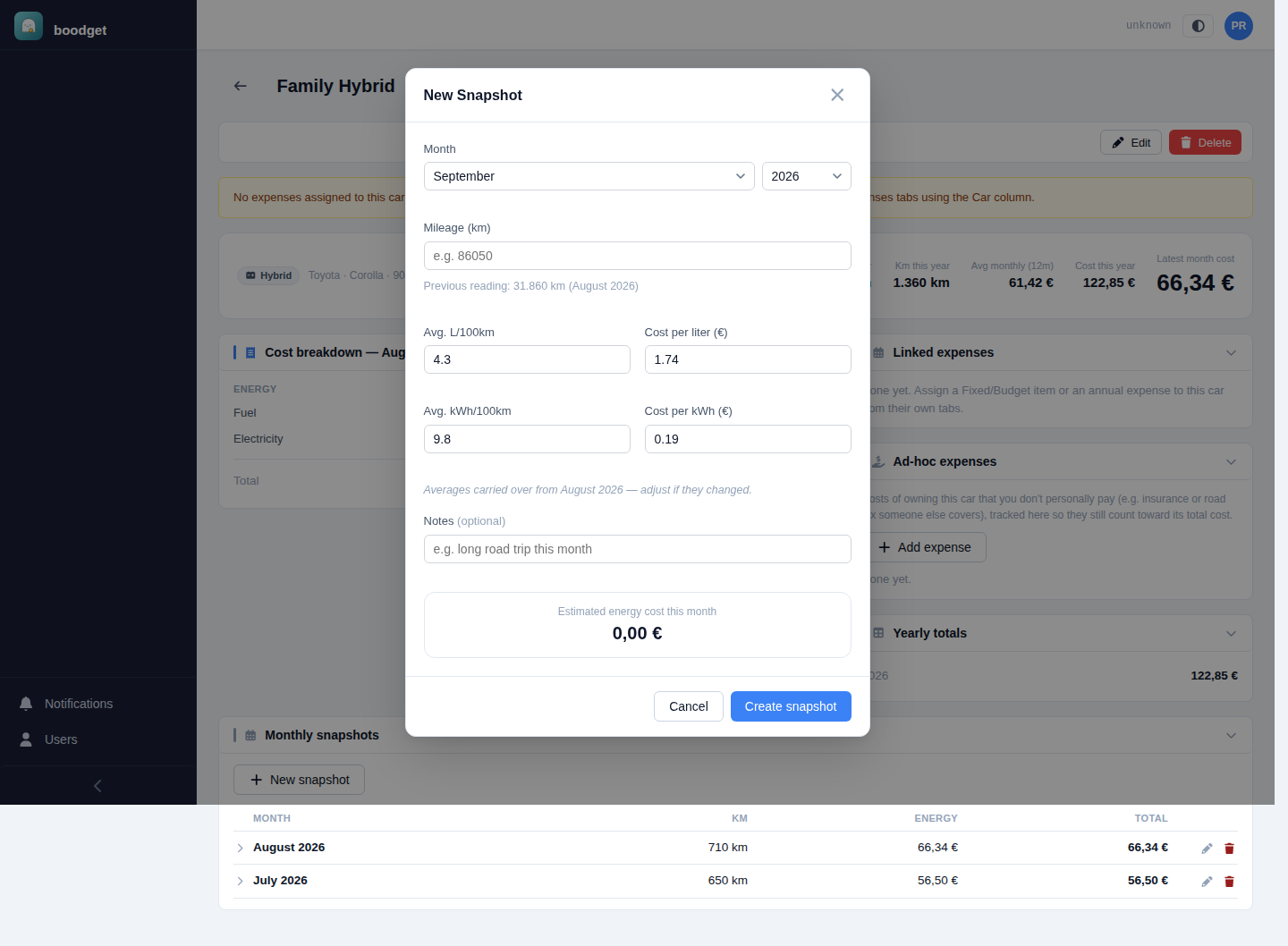 New Snapshot dialog for a hybrid car with Month/Year, Mileage, Avg L per 100km and Cost per liter, Avg kWh per 100km and Cost per kWh fields, a carried-over-averages note, and a live estimated energy cost preview