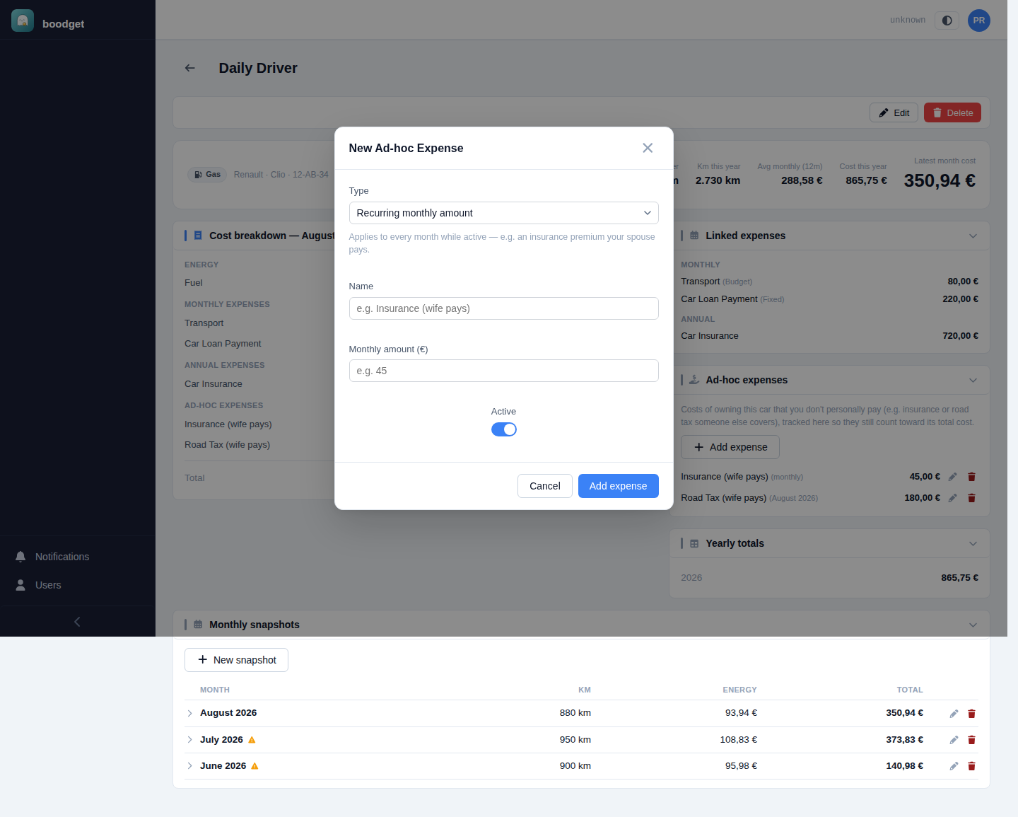 New Ad-hoc Expense dialog with a Type dropdown set to Recurring monthly amount, Name, Monthly amount fields, and an Active toggle
