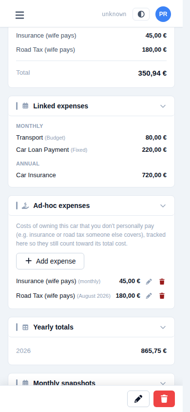 The Ad-hoc expenses section on a phone screen, listing a monthly Insurance entry and a one-off Road Tax entry alongside the Linked expenses section above it