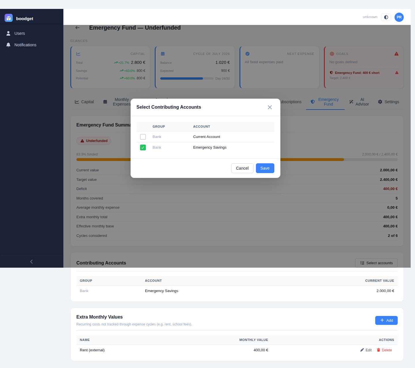 Select Contributing Accounts dialog with a checkbox list of dossier accounts grouped by bank