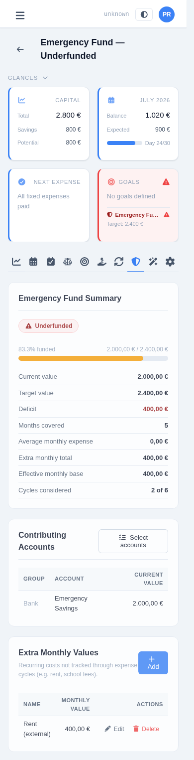 The Emergency Fund tab stacked on a phone screen