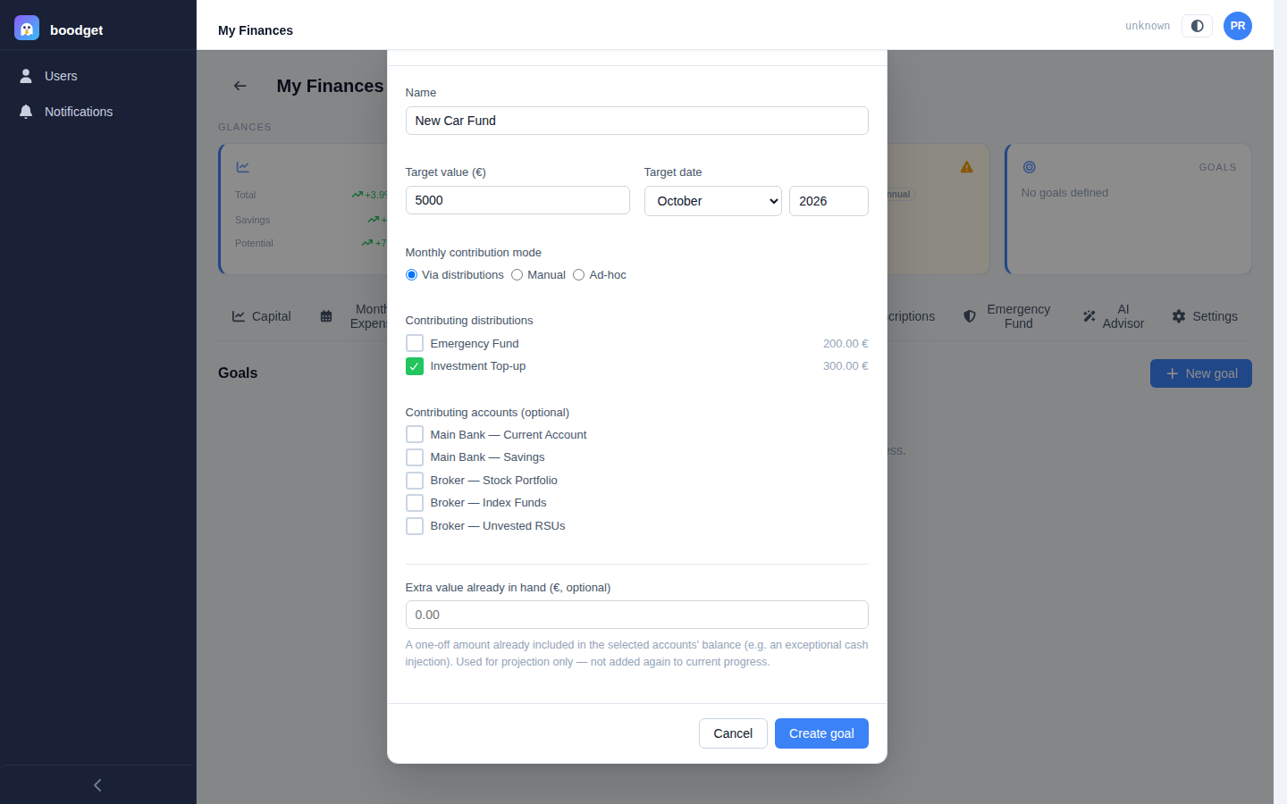 New Goal dialog with Name, Target value, Target date fields, and Monthly contribution mode radio buttons set to Via distributions with a checklist of distributions below