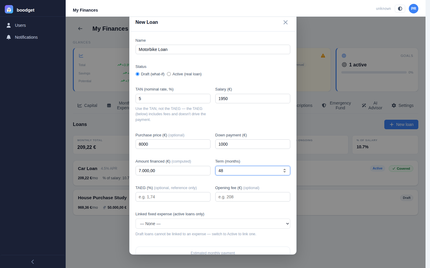New Loan dialog in draft mode with Name, Status, TAN and Salary fields, Purchase price and Down payment, Amount financed and Term, and a live monthly payment preview