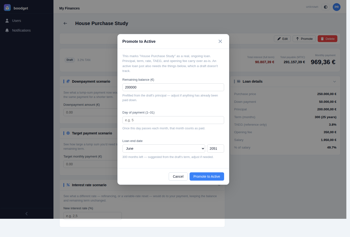 Promote to Active dialog with Remaining balance, Day of payment, and Loan end date fields