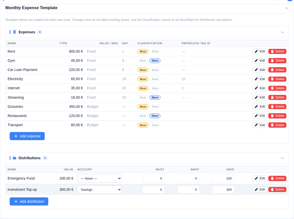 Monthly Expense Template card with an Expenses section listing Fixed expenses like Rent and Electricity with payment days and Must/Want pills, and a Distributions section below with the "Investment Top-up" row's Account dropdown set to Savings