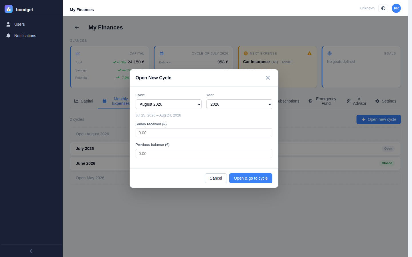 Open New Cycle dialog with Cycle and Year dropdowns, the resulting date range, and Salary received / Previous balance fields