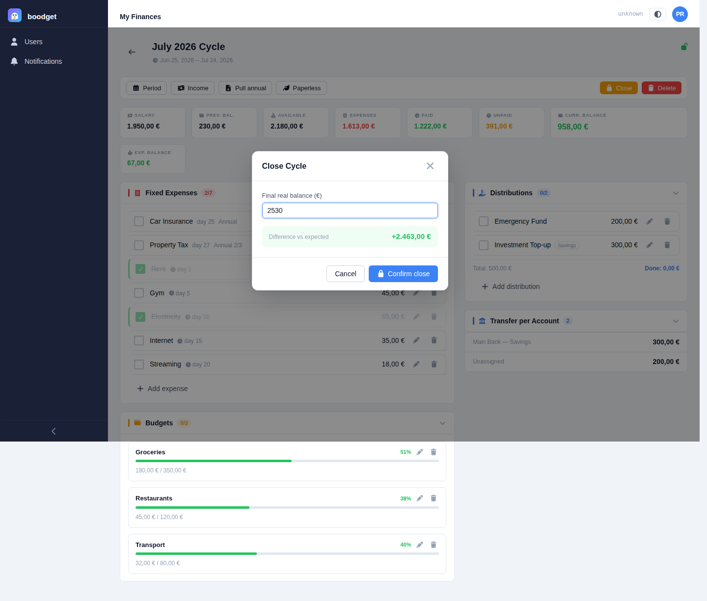 Close Cycle dialog with a Final real balance field and a green "Difference vs expected" readout