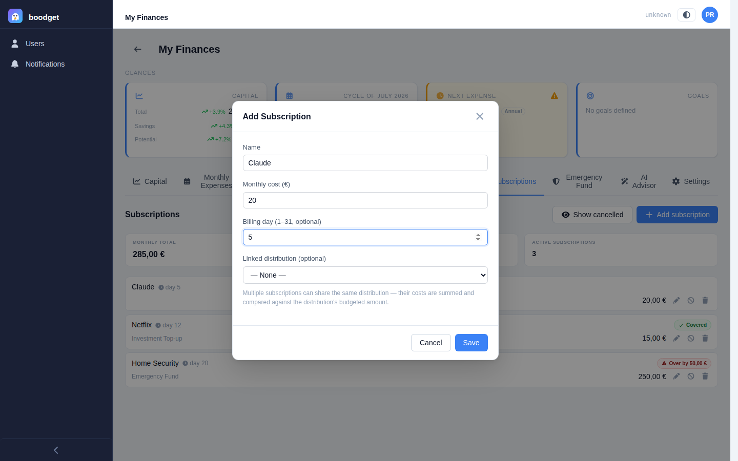 Add Subscription dialog with Name, Monthly cost, Billing day, and Linked distribution fields