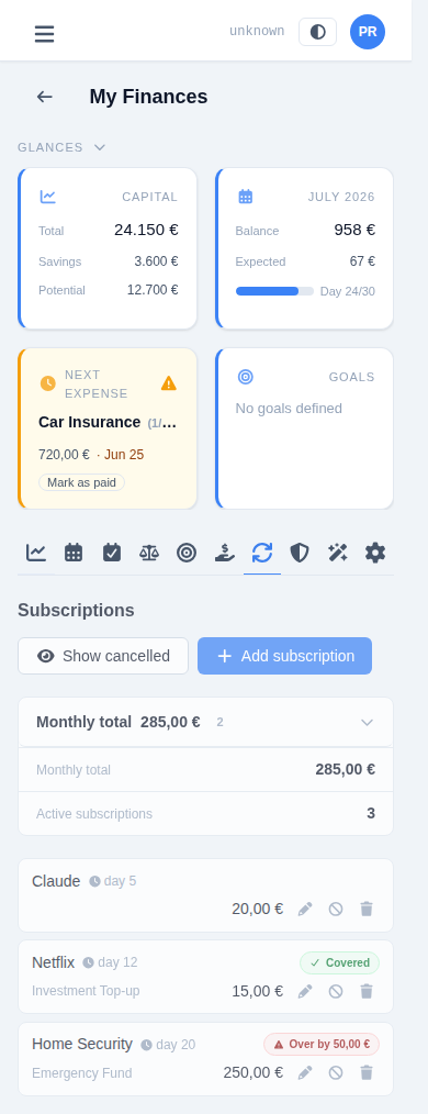 The Subscriptions list stacked on a phone screen, with the same inline fields and actions as desktop