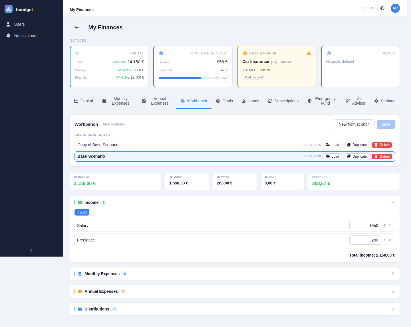 Income section expanded showing two entries, Salary and Freelance, each with a name and monthly value, plus a Total income line