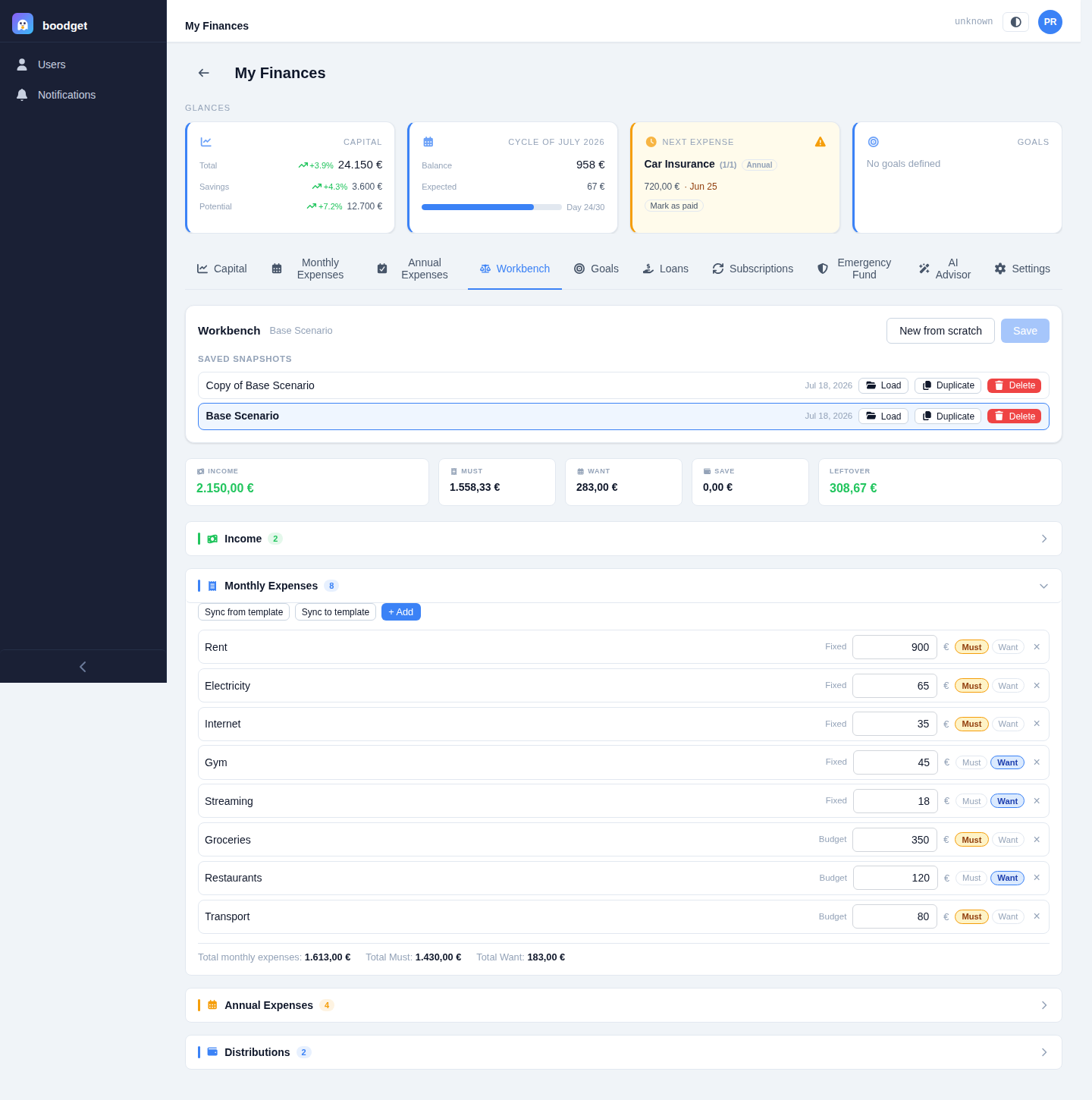 Monthly Expenses section expanded with Sync from template, Sync to template, and + Add buttons, and rows for Rent, Electricity, Internet, Gym, Streaming each with a Must/Want pill