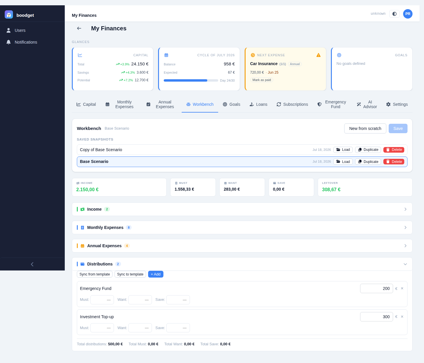Distributions section expanded with rows for Emergency Fund and Investment Top-up, each with empty Must, Want, and Save amount fields ready to be filled in